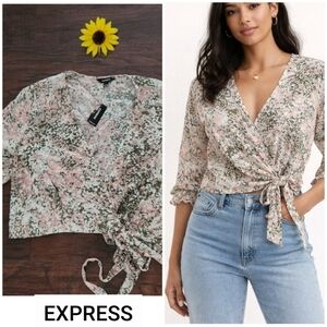 Express White and Red 3/4 Sleeve Tie Front Wrap Blouse